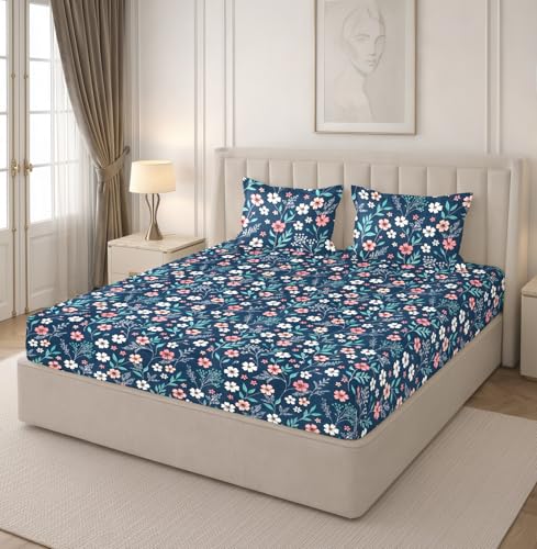 Image of RD TREND Premium Soft Cloud Cotton Floral Bedsheet for Double Bed | Size-90x90 Inches Queen Bedsheets with 2 Matching Pillow Covers (18x28 Inch) Midnight Blue