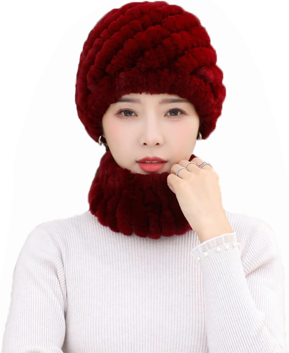 2PCs Hat + Circle Scarf Women Real Rex Rabbit Hair Knitted Cap Girls Skullies Beanies Neck Warmer Winter Warm