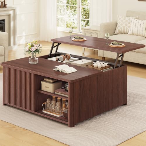 Image of SEDETA 31.5 inch Lift Top Coffee Table with Storage, Square Coffee Tables for Living Room, Fluted Coffee Table with Large Hidden Storage Compartment and Adjustable Shelves, Walnut