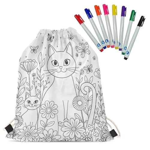 Floral Coloring Drawstring Backapck Arts and Crafts Color in Blank Drawstring Bags for Women with 8 Bright Markers
