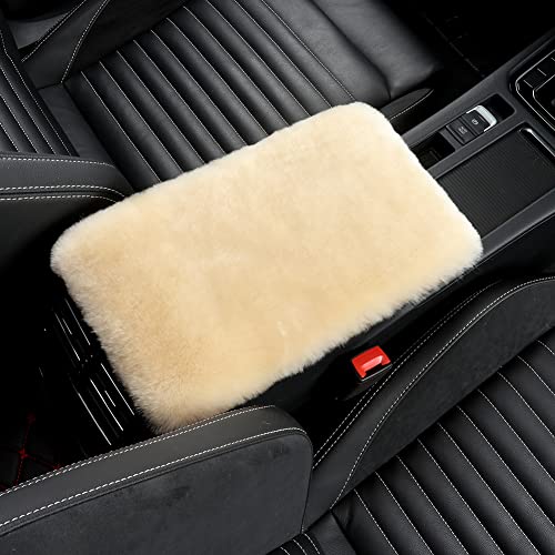 LLB Auto Center Console Cover Pad Universal Fit for SUV/Truck/Car, Genuine Sheepskin Wool Fur Car Armrest Seat Box Cover, Furry Fluffy Auto Armrest Cover Protector (Shearling Pearl)