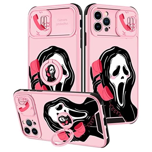 Goocrux (2in1 for iPhone 12 Pro Max Case Skull Skeleton for Women Girls Cute Girly Pink Phone Cover Goth Design with Slide Camera Cover+Ring Holder Teen Cases for iPhone 12 ProMax 6.7''
