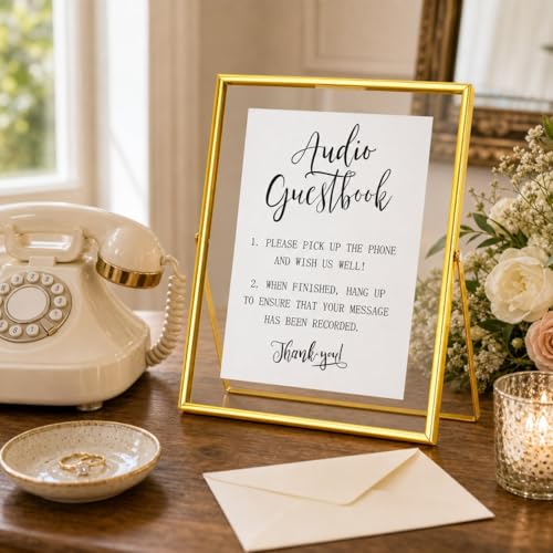 Image of Calculs Audio Guest Book Sign, Gold 8x10 Floating Picture Frame | Double glass metal frame, fits 6x8 insert, audio guest book table, reusable tabletop frame for signs and photos