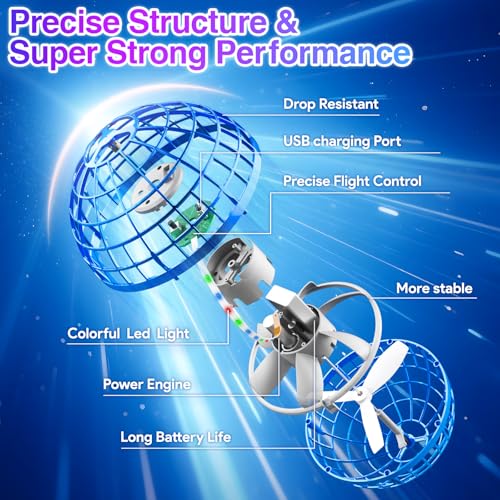 PKBOSS Fliegender Ball Magic Flying Orb Ball,Hand Controlled Hover Schwebender mit LED Licht Flying Spinner Mini Drohne Für Kinder Hover Toy Geschenke für Jungen Mädchen 6-12 Jahre