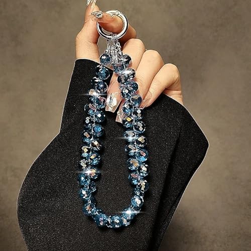 Image of TENOC Beaded Phone Wrist Strap, Navy Blue | Cellphone Lanyard Chain, Sparkling Wristlet Bracelet, For Women