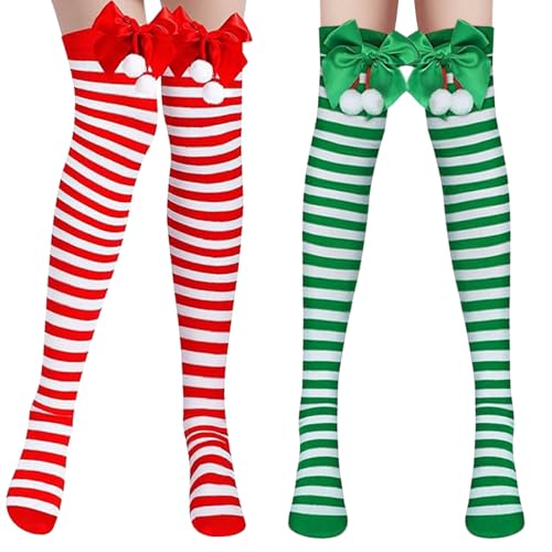 YIZHIXIANGQ Calzini Natalizi Lunghi, 2 Paia Calzini Lunghi per Natale, Verde e Rosso, Calze al Ginocchio con Fiocco, Calzini Alti Natalizi per Donne, Bambina