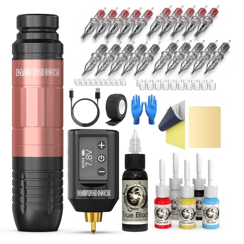 Wormhole Tattoo Gun Kit, Wireless Tattoo Machine Kit Complete Tattoo Kit Rechargeable Cordless Tattoo Power Supply Portable 1500mAh with LED Digital Display for Beginner and Tattoo Artist WTK260