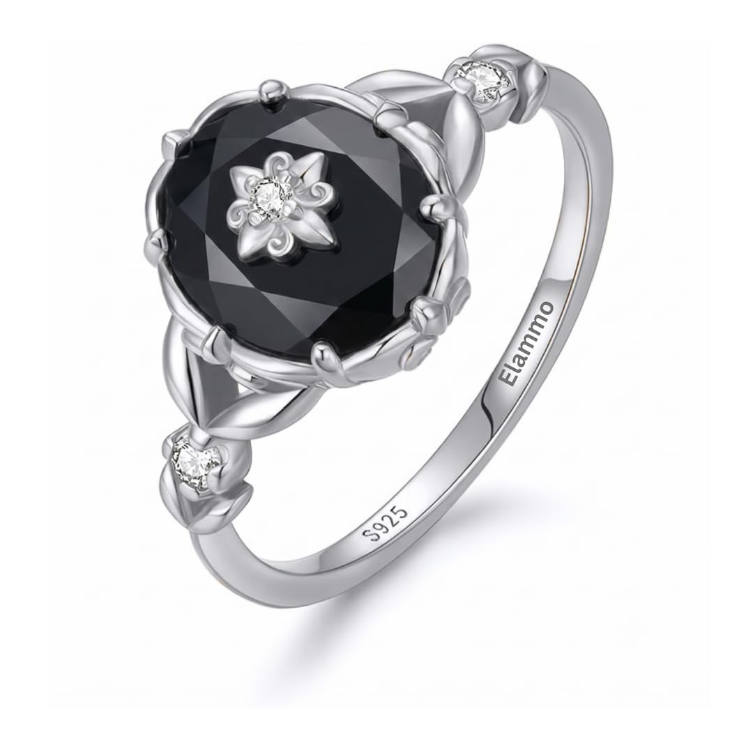 ELAMMO 925 Sterling Silver Black Onyx Ring