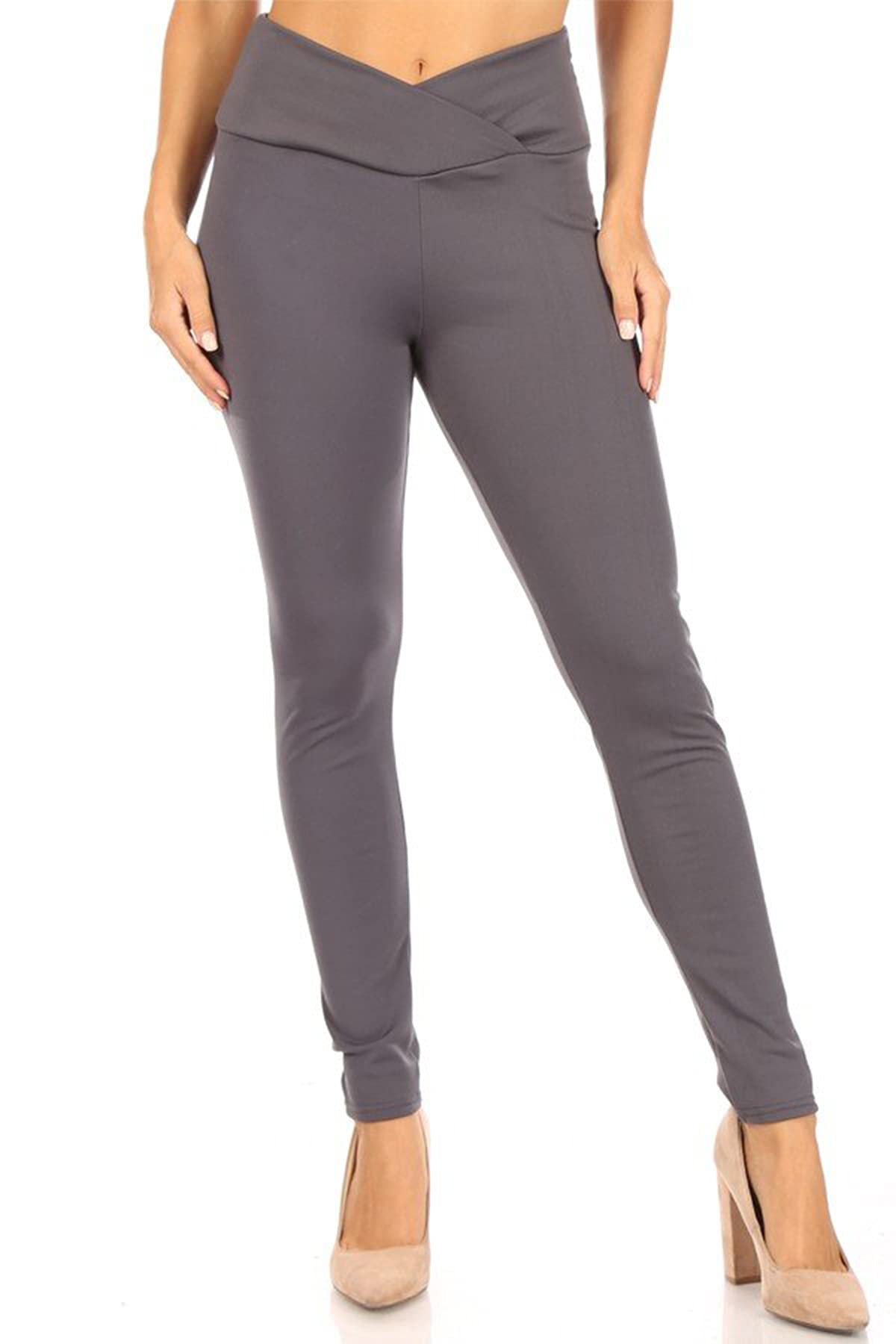 Stretch Cross Front Detail High Waist Comfy Solid Yoga Workout Casual Leggings Dark Grey S
