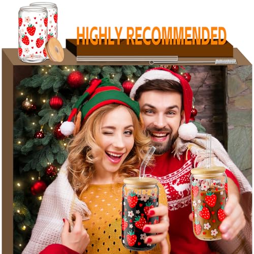Glass Cups with Lids and Straws with Design Strawberry 4pcs,Clear Glass Cups 16oz-DWTS Drinking Glasses Set,Glass Tumbler,Cute Design Glass Iced Coffee Cups with Lids and Straws