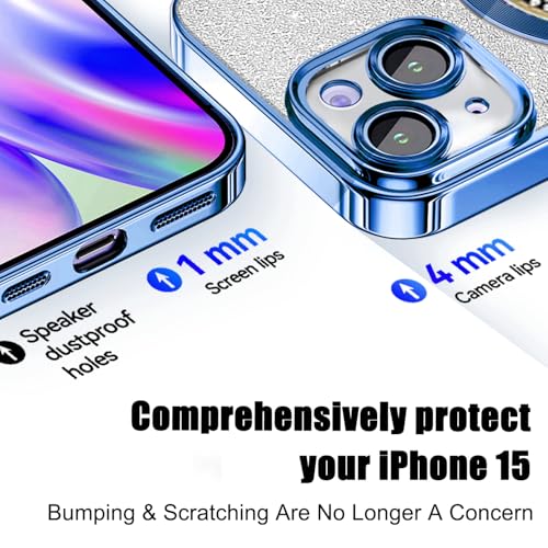 Image of Misscase for iPhone 15 Magnetic Case Compatible with MagSafe,Full Protection Slim Shockproof Anti-Scratch Glitter Case with Camera Lens Protector Logo View Dust-Proof Net for Women Blue