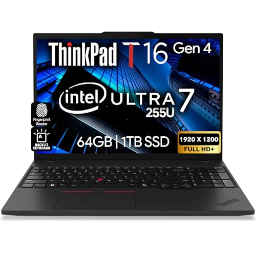 Lenovo ThinkPad T16 Gen 4 AI Business Laptop 16” FHD+ Display, Intel Ultra 7 255U (Beats i7-1355U), 64GB DDR5 RAM, 1TB SSD, 5MB Webcam, Fingerprint, Backlit KB, WiFi 6E + BT, RJ-45, HDMI, Win 11 Pro