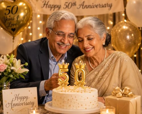 Image of Premium Gold Number 50 Candle Set with Crown Metallic Cake Topper for 50th Birthday Golden Jubilee Anniversary and Celebration Events, 2 PCs