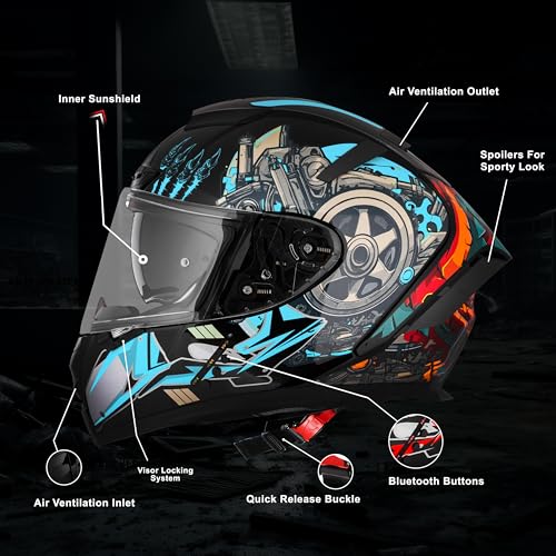 Image of Steelbird SBH-32 Trickster Bluetooth ISI and Dot Certified Full Face Helmet for Men and Women with Inner Smoke Sun Shield