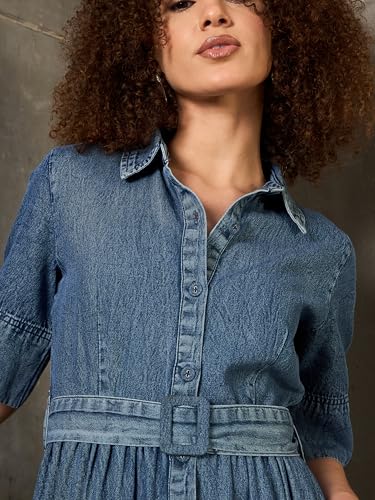 Image of Sassafras Women's A-Line Fit & Flared Half Sleeves Denim Belted Maxi - Casual Streetwear Denim Dress