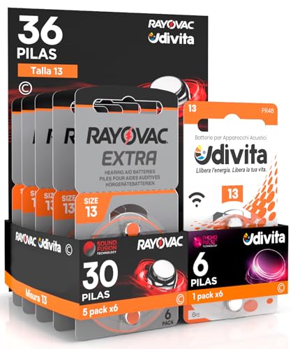 36 Baterías para Audífonos Medida 13 PR48 Naranjas Zinc Aire Phono Pulse Technology en 6 Blíster de 6 Pilas 36 Baterías 30 Rayovac + 6 Udivita