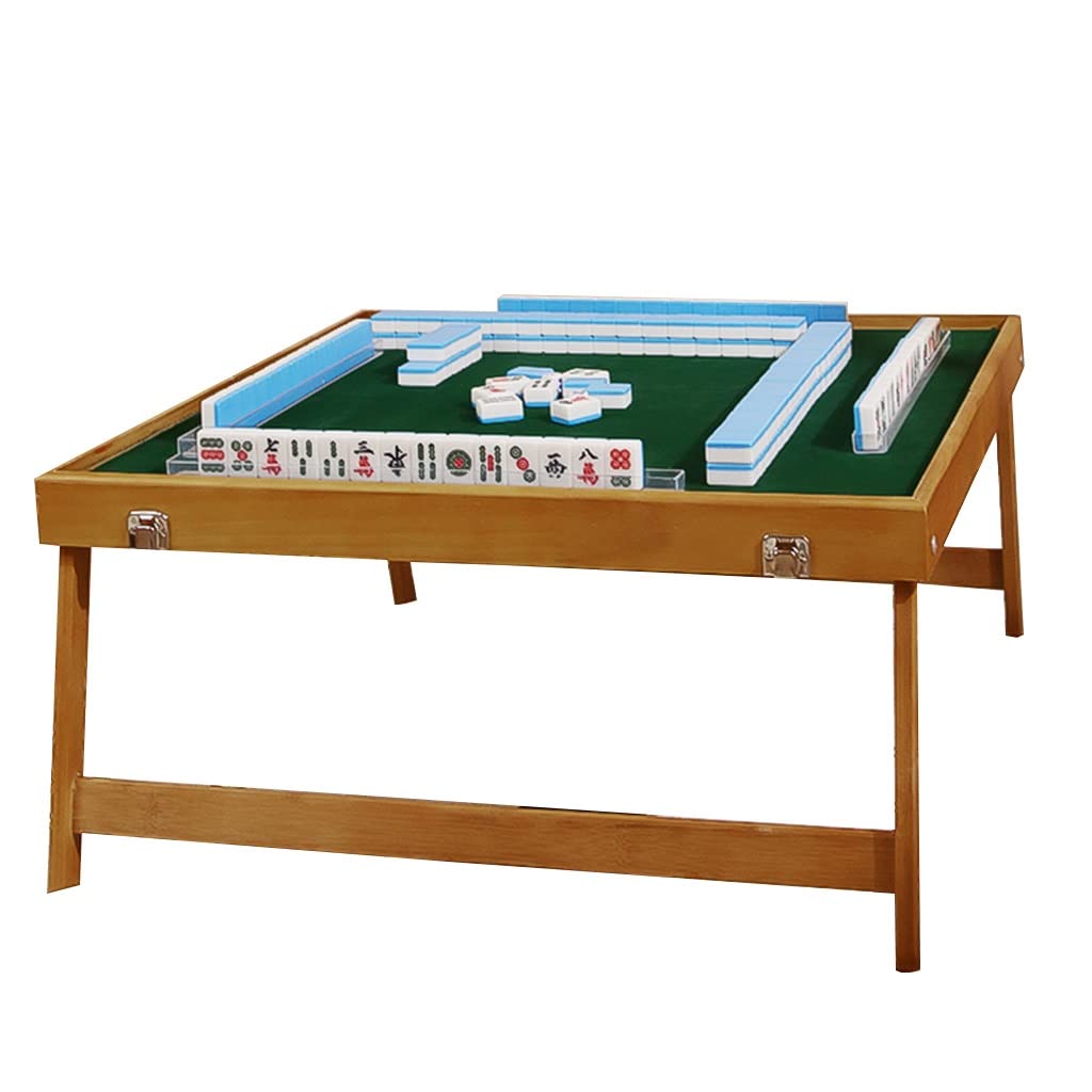 REIZIAChinese Mahjong Set,Mini Mah Jongg Set with Foldable Mahjong Table- 144PCS Mahjong Tiles with 4 Dice，Code Tile RulerPortable Travel Majhong Games Set for Home Party Family (Blue)