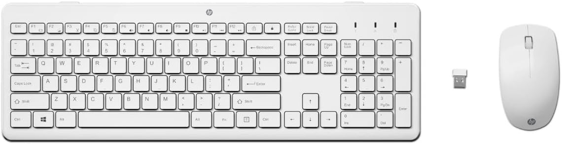HP 230 Wireless Mouse and Keyboard Combo, quiet and comfortable keystrokes, Number Pad, QWERTY UK Layout, 1600 DPI Optical Mouse Sensor, 2.4GHz Wireless USB dongle included, White