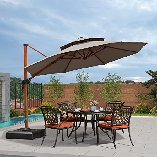 Purple Leaf 11 Feet Double Top Deluxe Sunbrella Wood Pattern Round Patio Umbrella Offset Hanging Umbrella Cantilever Umbrella Outdoor Market Umbrella Garden Umbrella, Spectrum Graphite #TOP1