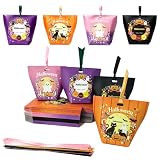 Halloween Treat Boxes, 48 Pack Halloween Candy Gift Boxes with Satin Ribbon Bow, Black Matte Wreath Design Party Favors,Matte black finish with festive pumpkin, cat & ghost wreath. Satin ribbon tie closure, eco-friendly printed thick cardstock, trapezoidal stable base for Halloween candy treats