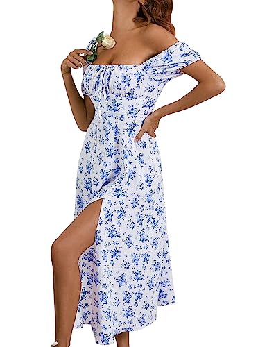 Image of SPRIME Women's Floral Summer Casual Dress Square Neck Puff Sleeve Boho Midi Dresses Ruched Bust High Waist Split Long Dress