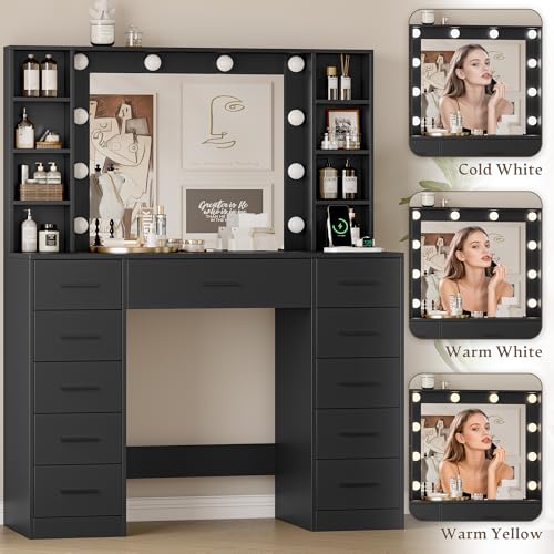 Image of Wodeer Makeup Vanity with Drawers, 43 inch Black Vanity Desk with Mirror and Lights, 11 Drawers & 4 Shelves, Power Outlet & Adjustable LED Lights, Dressing Table for Women & Girls Bedroom
