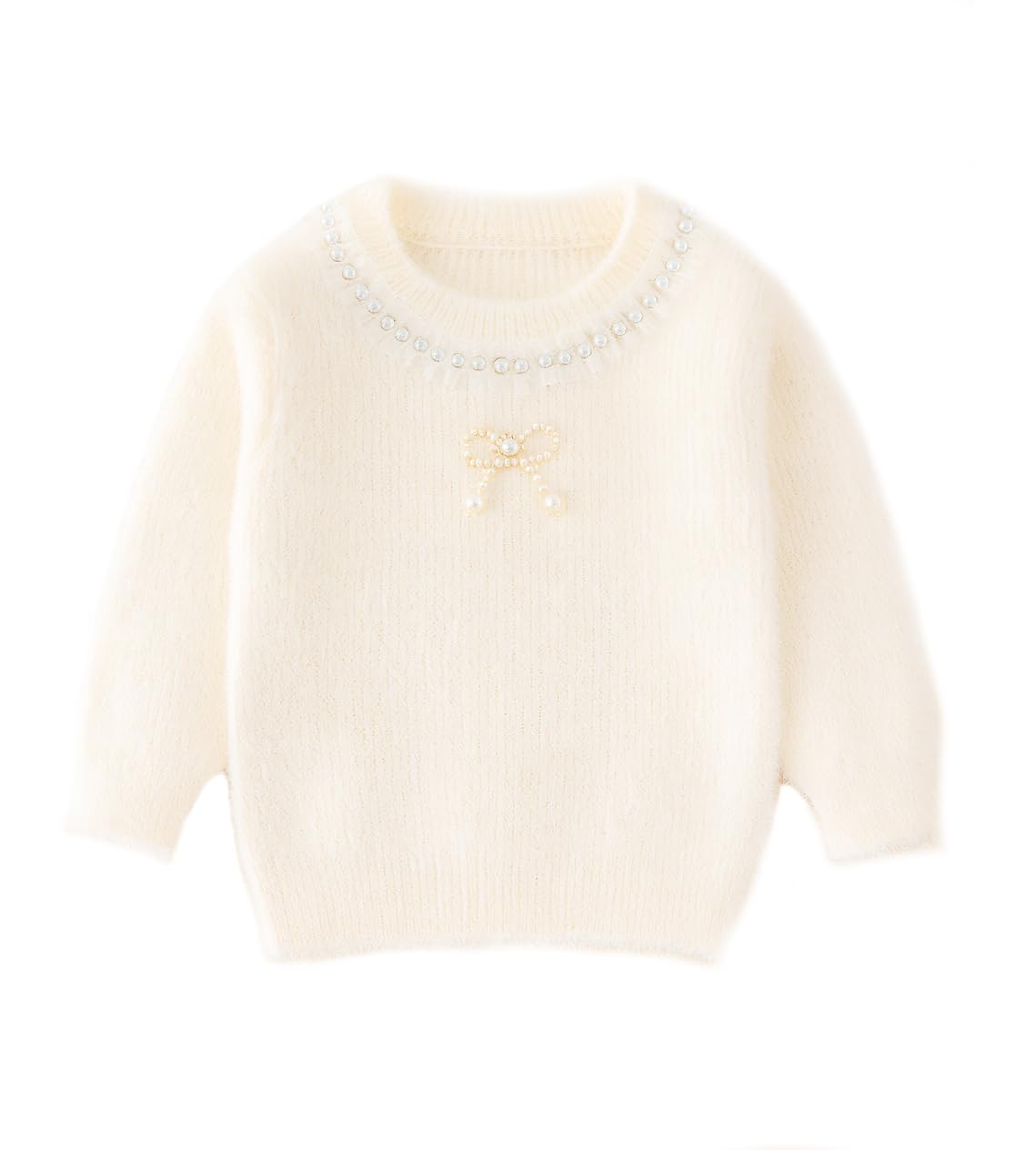 Girls Soft Fuzzy Winter Sweater with Pearl Bow Detail-image-14