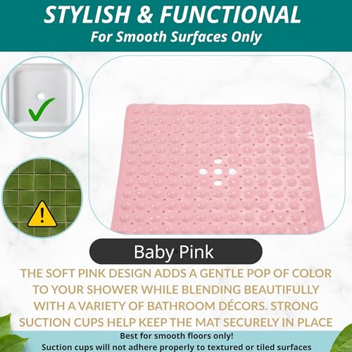 Image of ENKOSI Square Shower Mat - 21 x 21 Inch Non-Slip Mat with Suction Cups and Drain Holes - Anti-Slip Square Bathroom Bathtub Shower Mats for Inside Shower (21x21 Baby Pink)