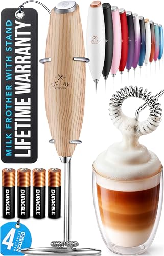 Image of Zulay Kitchen Powerful Milk Frother Wand With Duracell Batteries - Ultra Fast Handheld Drink Mixer - Electric Whisk Foam Maker for Coffee, Lattes, Cappuccino & Matcha - Z1 Motor - Maple