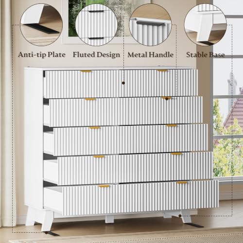 Image of BORNOON 46 inch Tall Dresser for Bedroom, 10-Drawer Fluted Chest of Drawers, Modern Wood Highboy with Metal Slides and Handles, Anti-Tip Kit, Vertical Clothes Storage Organizer for Apartment, Closet