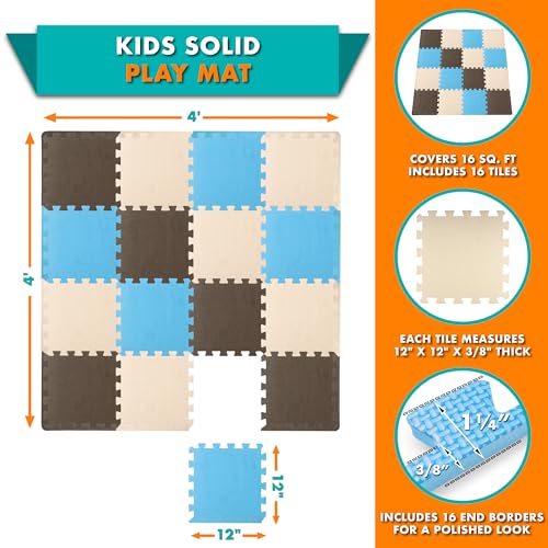 Image of ProSource Baby Play Mat, Soft Foam Floor Tiles for Kids, Interlocking EVA Panels for Playpen Use, Crawling Development Surface, Safe Non-Toxic Toddler Flooring, 16 Tiles, Blue /Brown /Beige