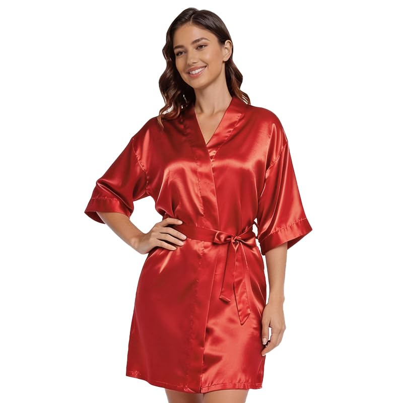 ASIDEMOND Womens Short Silky Satin Kimono Robe Bridal Bridesmaid Wedding Party Sleepwear with Pockets Red XL
