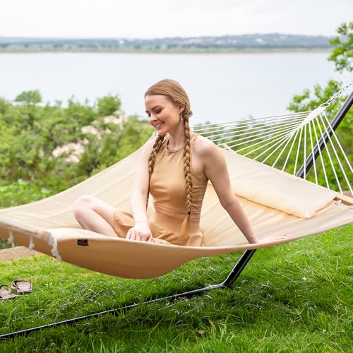 SUNCREAT Double Outdoor Hammock with 15 ft Stand, Standing Patio Hammocks for Outside, Beige