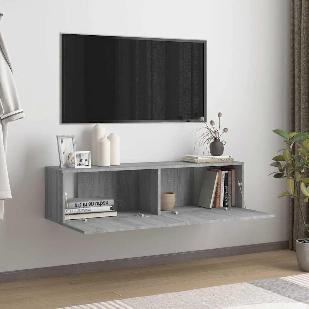 Fengshui Mobile da parete per TV, grigio Sonoma, 120 x 30 x 30 cm, in legno | 2 scomparti, porte pieghevoli, montaggio a parete, spazio per riviste e DVD