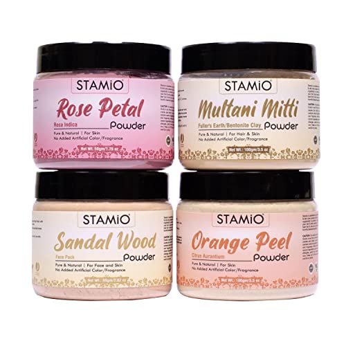 STAMIO Orange Peel, Sandalwood Face Pack, Multani Mitti and Rose Petals Powder Combo for Skin Care, Mask, DIY | Men & Women | In Jar – 330gm (100gm X 2 + 80gm + 50gm)
