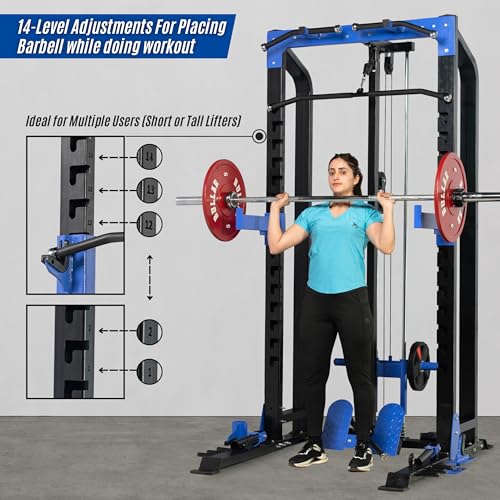 Image of BULLAR Power Squat Rack with Pull Up Bar, Heavy-Duty Adjustable Frame, Home Gym Training Equipment, Black and Blue