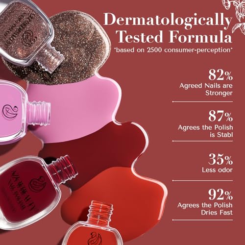 Image of AZUREBEAUTY Nail Polish Set, 4 Colors Rose Red Purple Glitter Quick Dry Natural Nail Lacquer Strengthening Treatment Kit with Top Coat DIY Salon at Home