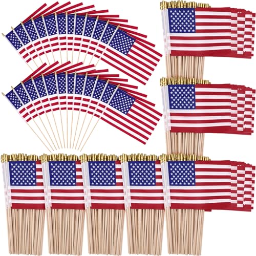 Shimeyao 300 Pack Small American Flag on Stick 5 x 8 Inch Mini Handheld US Flag with Solid Wooden Pole Safety Spear Tip for Memorial Day 4th of July Independence Day