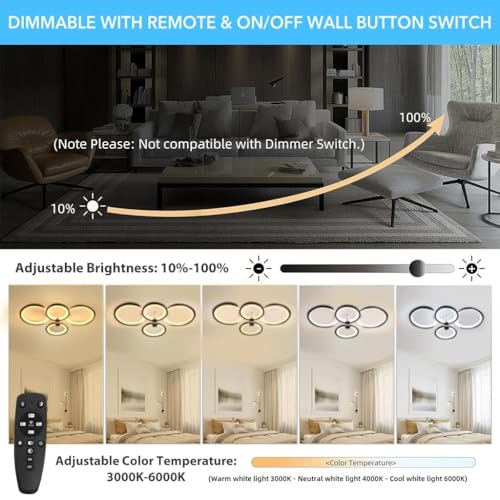 Image of 36W Dimmable Chandelier Lights for Ceiling, 3-Color Round LED Ceiling Lights with Remote Control, Flush Mount Fancy Lights Fixture with 4 Rings for Living Room, Bedroom (2800-6000k)