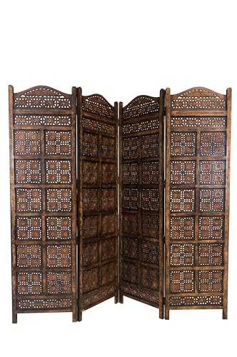 Orientalischer Paravent Raumteiler aus Holz Kamala 200 x 180cm hoch in Braun | Indischer Trennwand als Raumtrenner oder Dekoration im Zimmer oder...