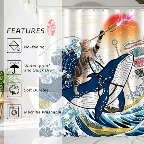 Image of Funny Cat Riding Whale Shower Curtain Set, Japanese Anime Sunset Ocean Waves Home Bathroom Decor, Polyester Cloth Fabric Bath Curtain with 12 Hooks 72 inch W x 72 inch L