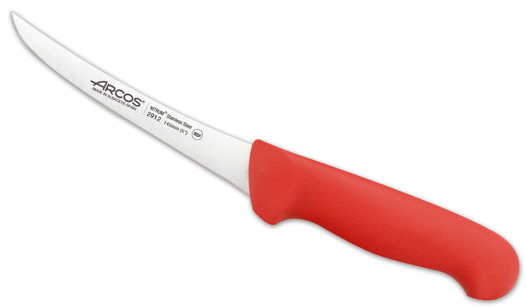 Arcos Cuchillo Deshuesador Curvo Semiflexible - Hoja Acero Inoxidable NITRUM 140 mm - Mango Polipropileno Rojo - Ideal para Desprender Huesos de Carne - Serie 2900
