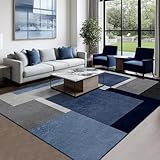 AICLIV Washable Low-Profile Geometric Area Rug, 0.2 inch Thin Abstract Rug Design for Living Room & Bedroom Decor, 8x10 ft Blue Grey Modern Non-Slip Floor Rug