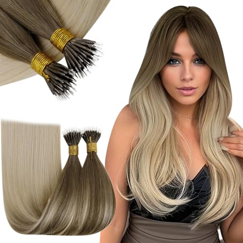 RUNATURE Nano Hair Extensions Real Human Hair 24 Inch Nano Beads Hair Extensions Human Hair Balayage Light Brown to Light Blonde Invisible Nano Rings Straight Remy Hair 50g 50s #8/60