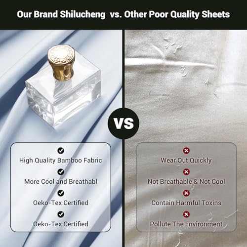 Image of Shilucheng 4 Piece Queen Sheet Sets, Cooling Sheets, Blend Rayon Derived from Bamboo, Deep Pocket Up to 16 inch, Breathable & Soft Bed Sheets, Hotel Silky Bedding Set, Sky Blue