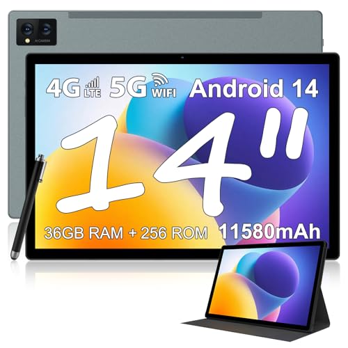 MIXLURE Tablet 14 Zoll Android 14, 36 GB RAM + 256 GB ROM, 2000 x 1200 incell FHD/11580 mAh y 12 W/Widevine L3/Face ID/5G WiFi/SIM Support/BT 5.0/GMS/TÜV/Tablet mit Hülle und Eingabestift, Grau