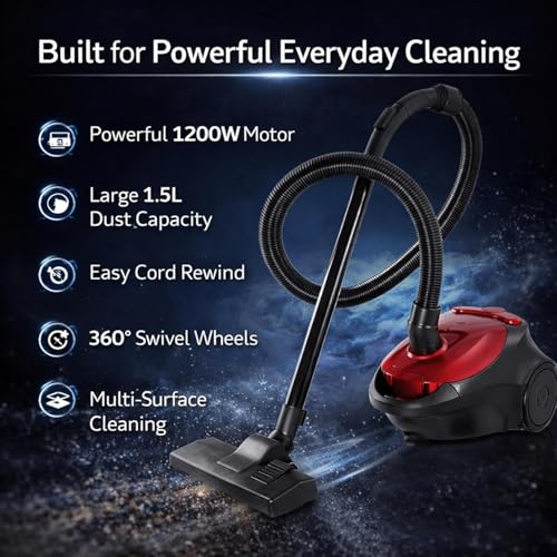 Image of Eureka Jazz High Power Vacuum Cleaner for Home /Office /Car | 1200W Strong Suction | 1.5L Dust Capacity | Automatic Cord Rewind | 360 Swivel Wheels | Compact with Flexible Hose & Floor Brush