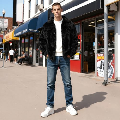 Image of GINGTTO Mens Furry Button-Up Jacket 4 Pockets Fluffy Coat For Men