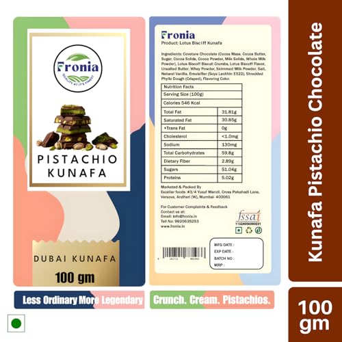 Image of Fronia Kunafa Chocolate Bar Dubai Style 100g | Pistachio Kunafa Dubai Chocolate Dessert | Milk Chocolate, Creamy Pistachios & Crunchy Kunafa Spread | Dubai Kunafa Chocolate Pistachio - 100g