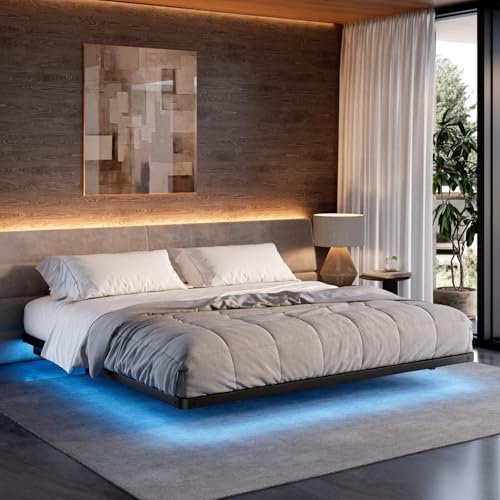 Yanara floating bed frame with smart LED lights and charging station modern bed with metal platform easy assembly no box spring needed (King (180 * 200CM))